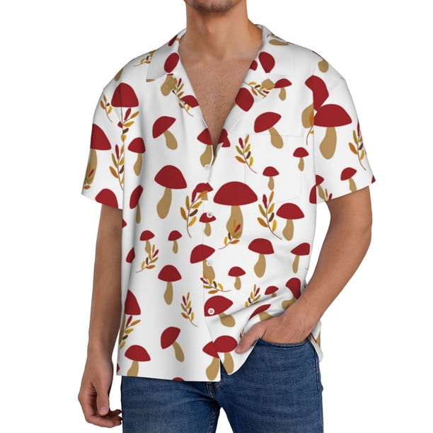 Fotbe Red Mushroom Camisa Estampada de Manga Corta para Hombre, Casual de Verano, Estilo Playero, Sin Arrugas-3X-Large