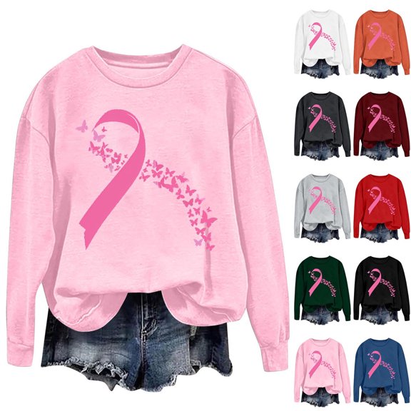 Hfnxid Breast Cancer Sweatshirts for Women Pink Ribbon Crewneck Sweatshirt Long Sleeve Awareness Support Pullover Black,S