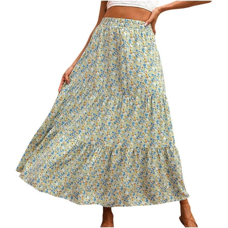 

Charella Fashion Women Printing Casual Ruched Ruffles Elastic Waist Skirts Green L