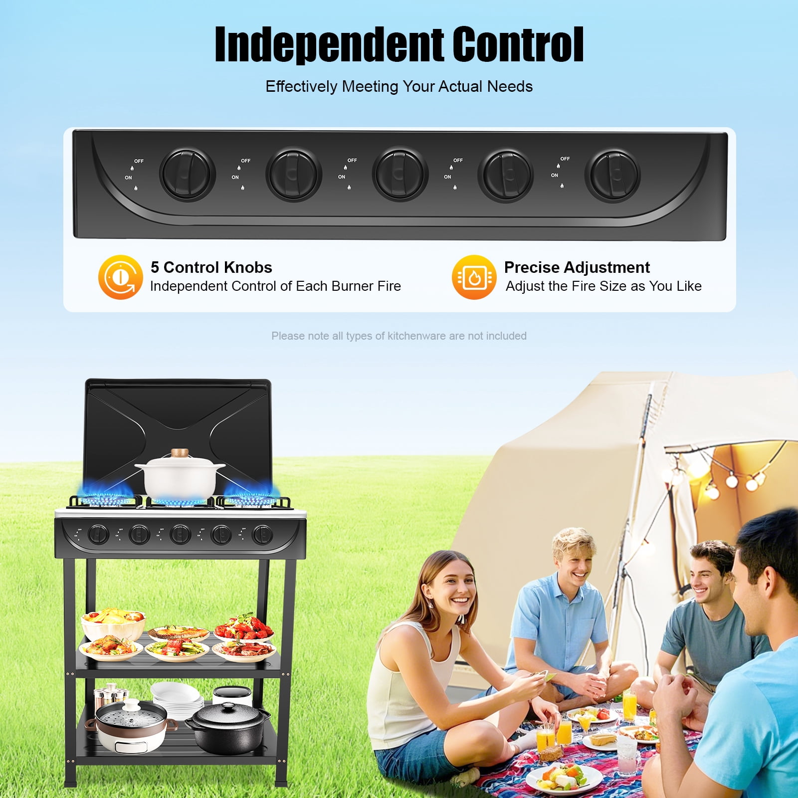 5-Burner Natural Gas Stove, High-Efficiency Cooktop with Independent Controls, Energy-Saving Design, Durable Stainless Steel, for Outdoor & Emergency Use
