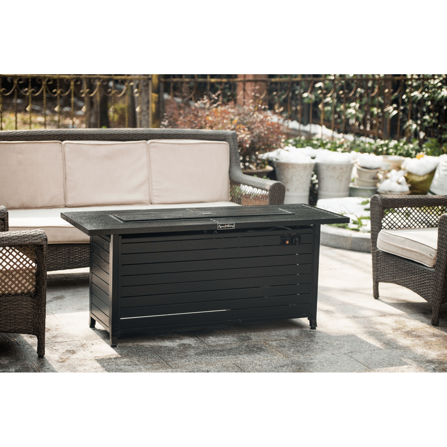 57in Outdoor Gas Propane Fire Pits Table, Aluminum, 50000BTU Firepit Fireplace Dinning Table with Lid, Fire Glass, Retangular, ETL Certification, for Garden Backyard Deck Patio-hammered black 41752