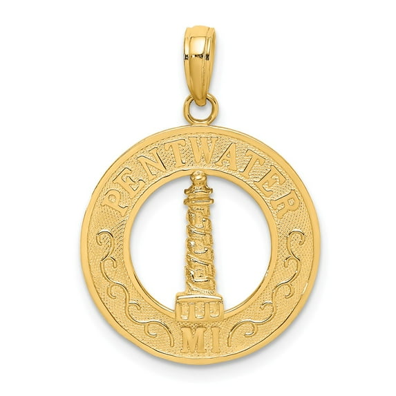 FB Jewels 14K Yellow Gold Pentwater Mi Round Frame with Lighthouse Center Pendant
