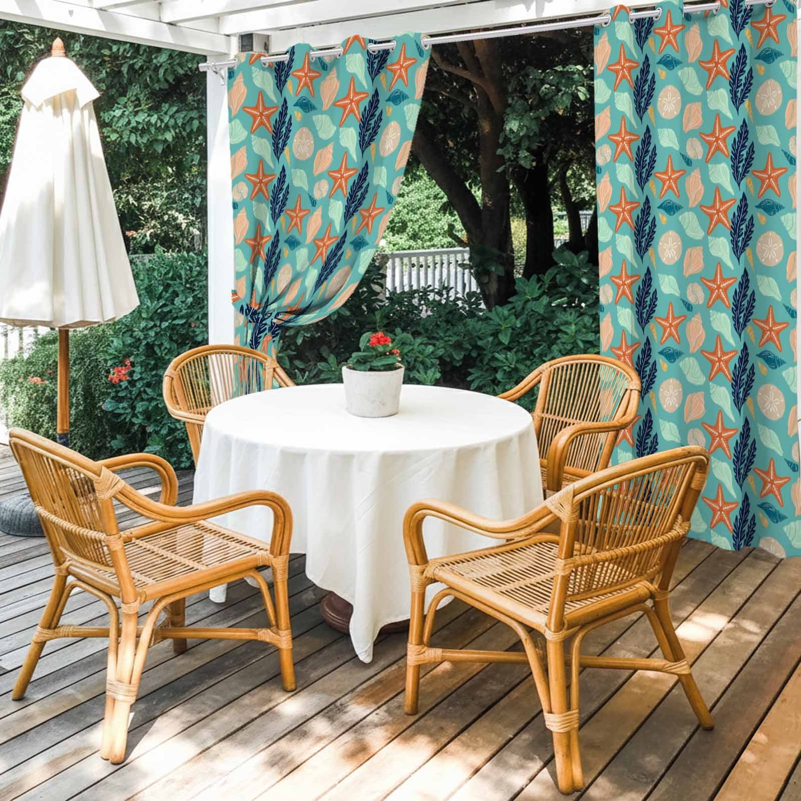Ocean Life Outdoor Curtains for Patio, Orange Starfish Conch Coral Sea Urchin Green Sunshade Privacy Drapes Grommet Waterproof Outside Curtains for Porch/Cabana/Balcony 54"x 95", 2 Panel