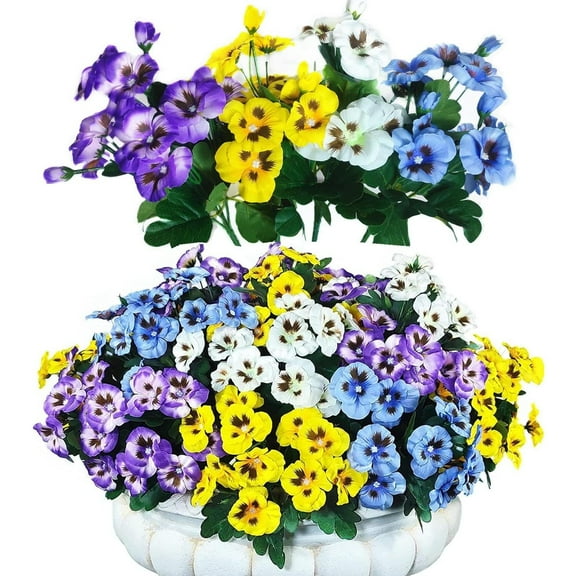 A set of 12 Vibrant UV Resistant Artificial Pansies - Long-Lasting, Realistic, and Versatile All-Season Plastic Faux Flowers for Indoor & Outdoor Decor White/Purple/Blue/Yellow