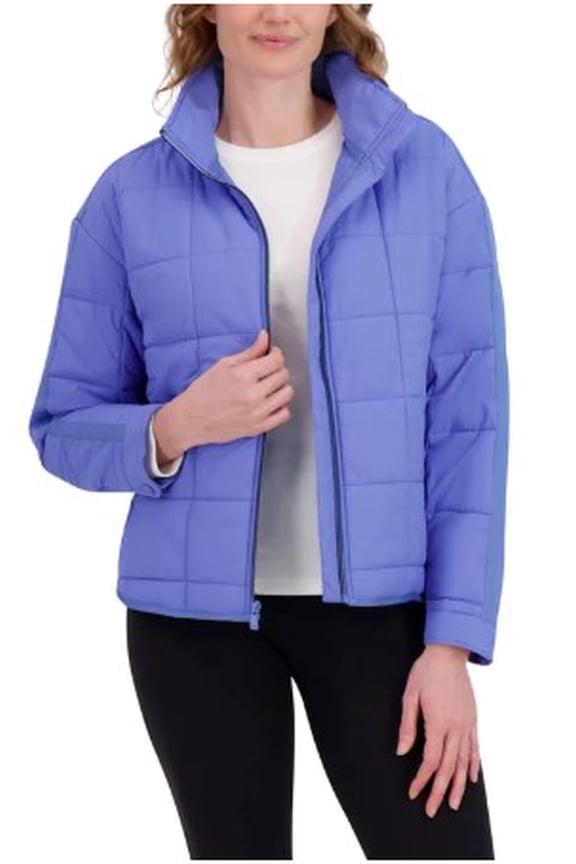 Womens Quilted Puffer Jacket, Full Zip, Blue, Size Large