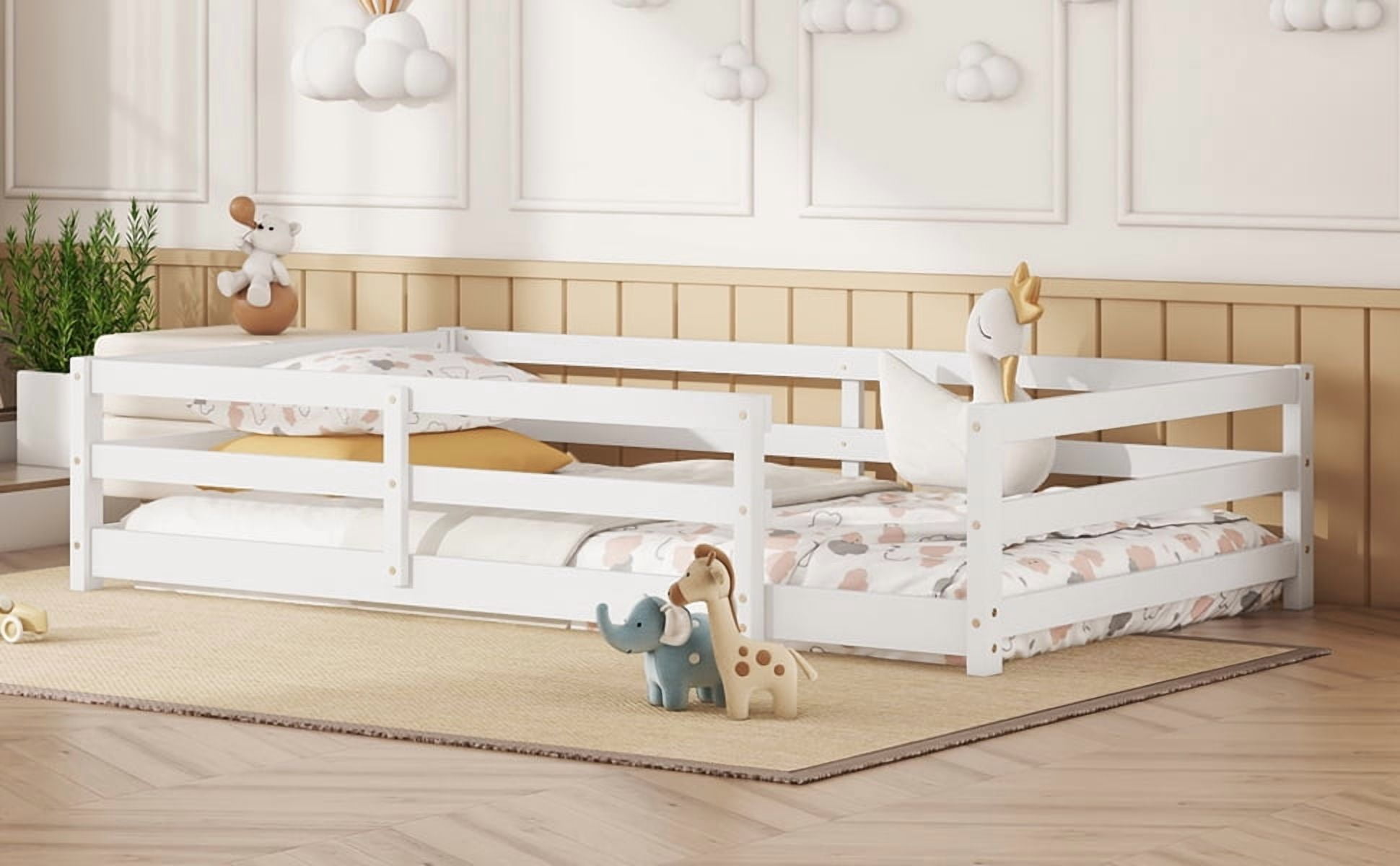 Leumius Twin Size Floor Bed,Montessori Floor Bed with Fence,Wood Floor Bed Frame Twin Size for Boys & Girls,No Box Spring Needed,White