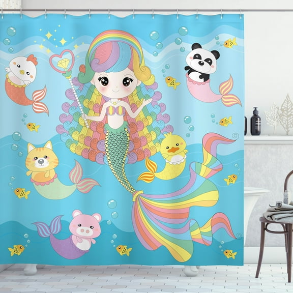 Cartoon Shower Curtain, Illustration of Colorful Funky Characters Underwater Bubbles and a Mermaid, Fabric Bathroom Set with Hooks, 69W X 70L Inches, Multicolor, by Ambesonne