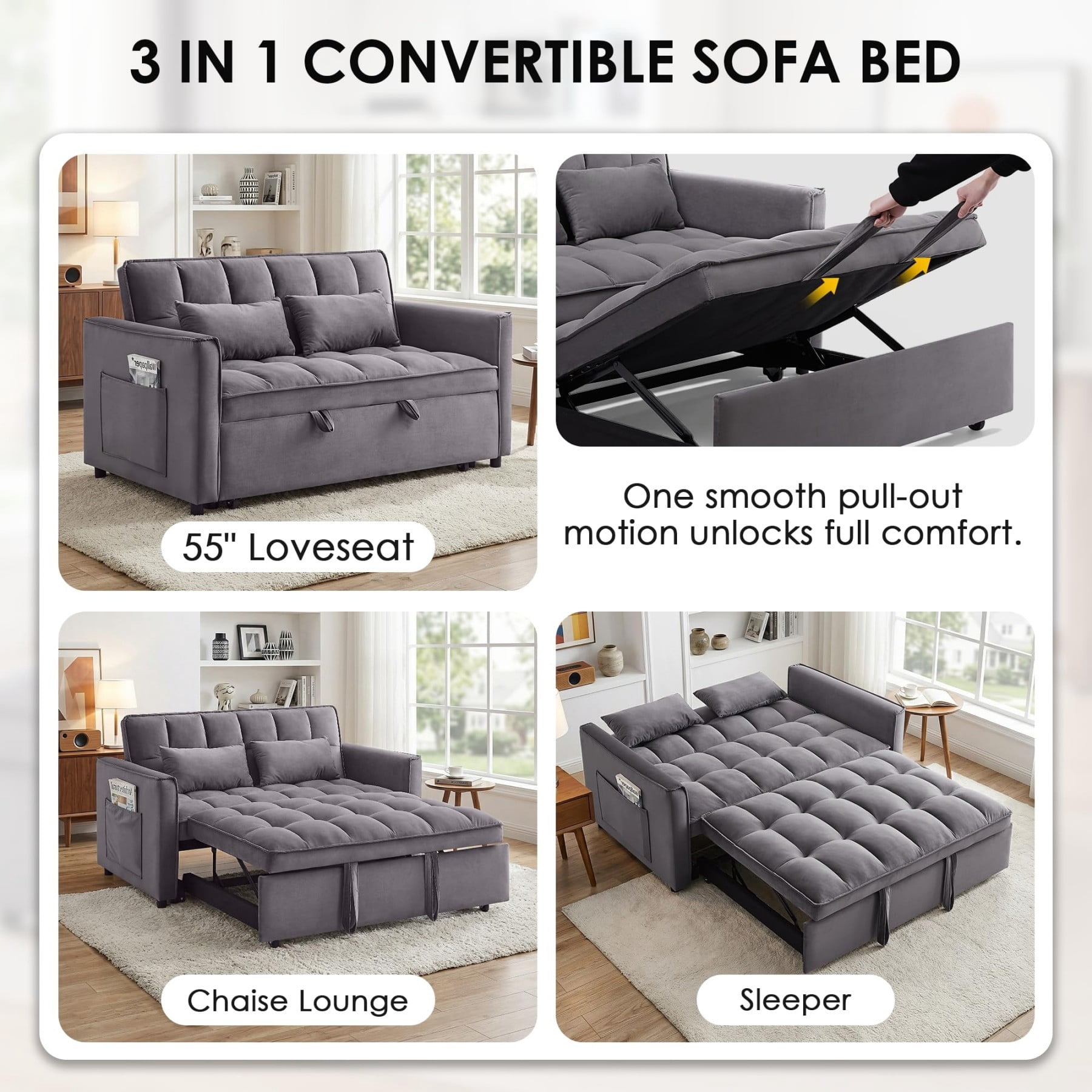 54" 3 in 1 Convertible Velvet Sofa Bed, 3 Position Foldable Sleeper Couch with Adjustable Backrest & Pillows, Dark Gray