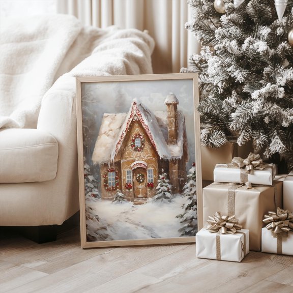 Gingerbread House Art Print | Christmas PRINTABLE Wall Art | Gingerbread Print | Holiday Painting | Seasonal Home Decor, 24x36 UNFRAMED