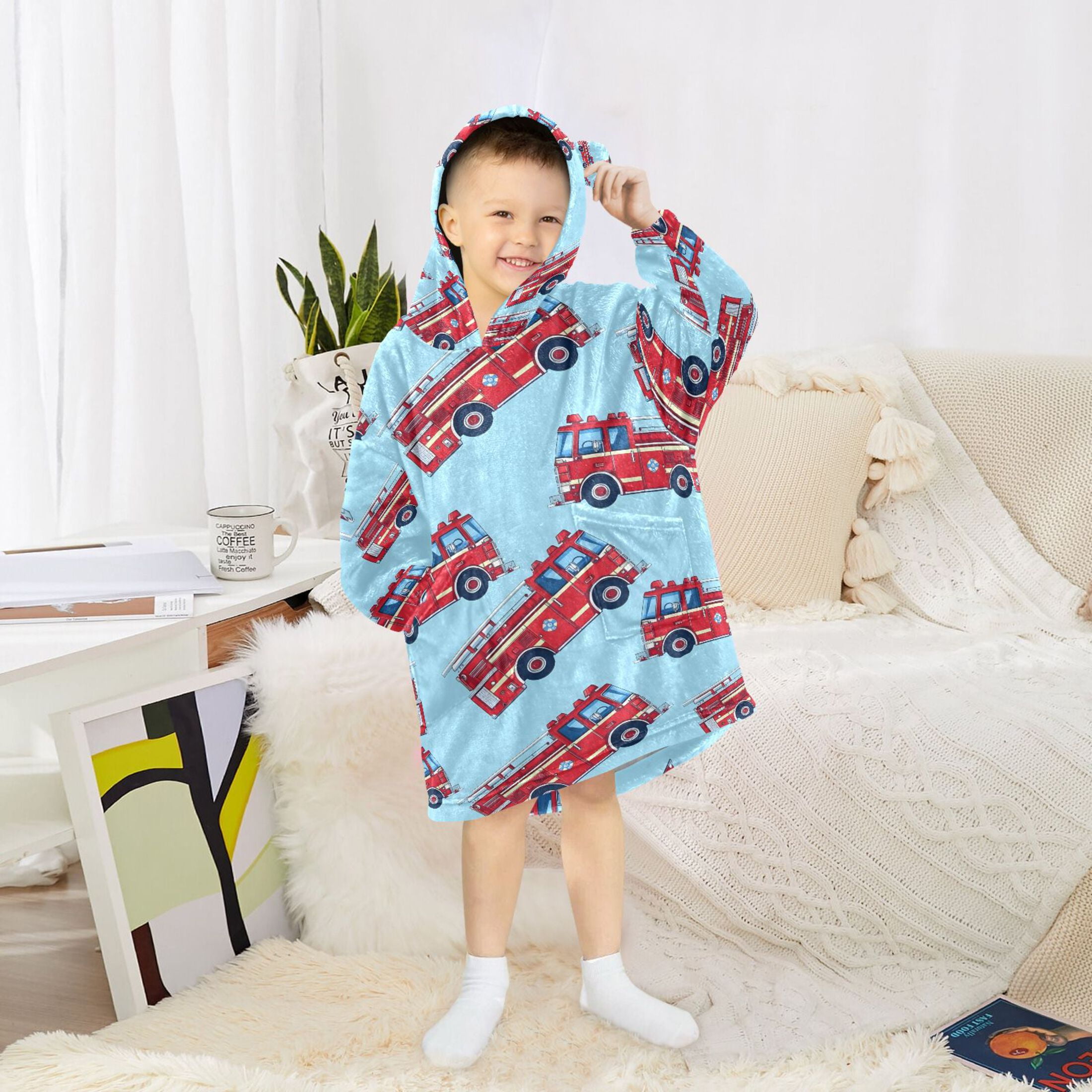 joogoo Wearable Blanket Hoodie for Cartoon Fire Trucks Oversized Sherpa Hooded 3-14 YR M