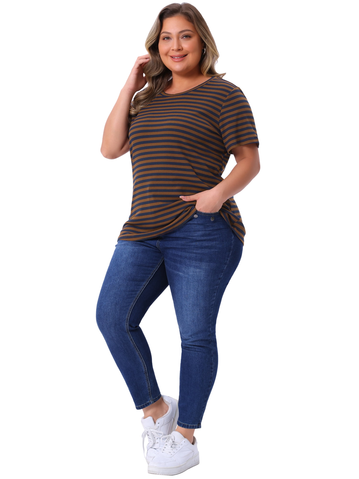 DARING DIVA Women's Plus Size Short Sleeve Crew Neck Striped Top 3X Brown