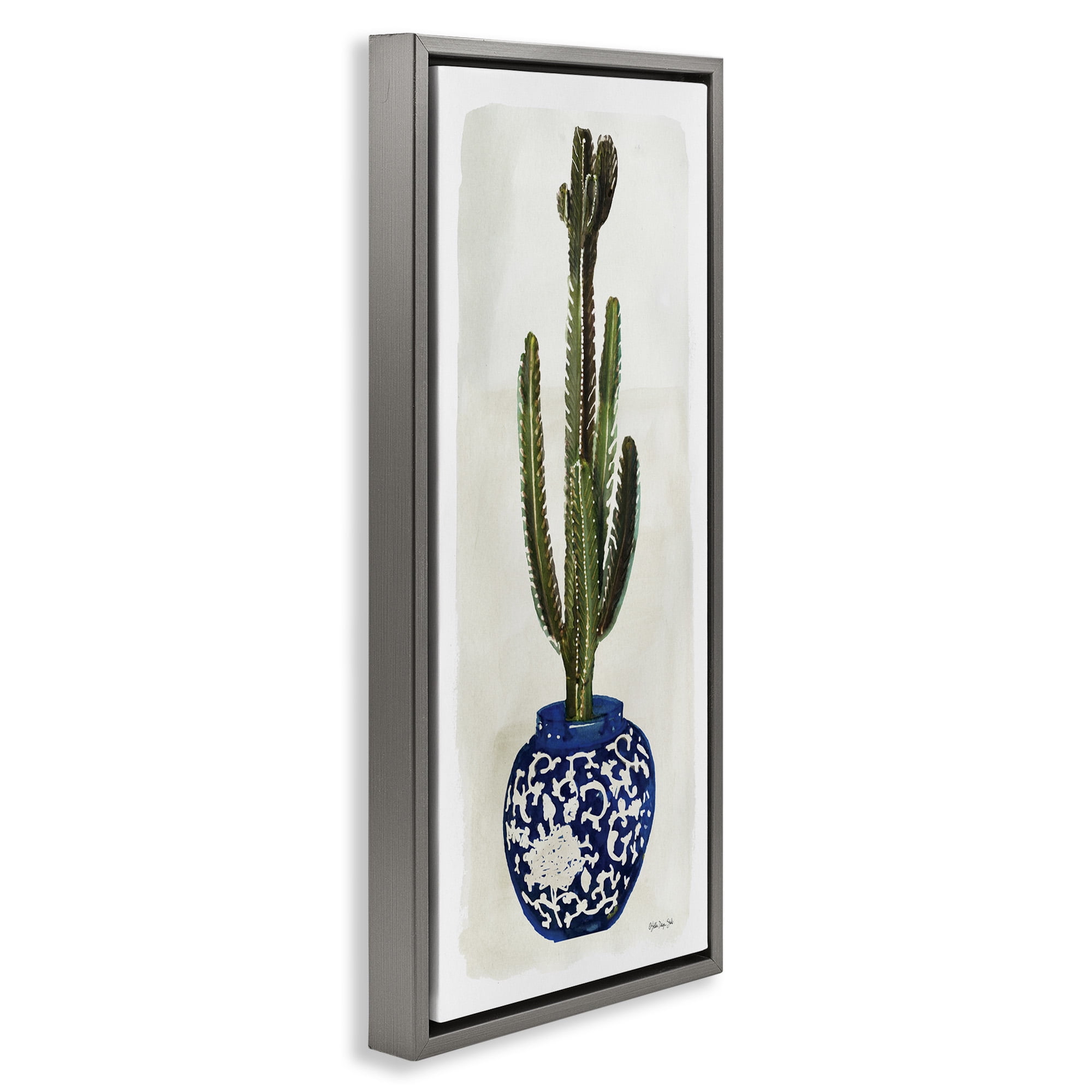 Stupell Industries Cactus in Blue Ornate Vase Botanical & Floral Painting Gray Floater Framed Canvas Art Print Wall Art, 15 x 31
