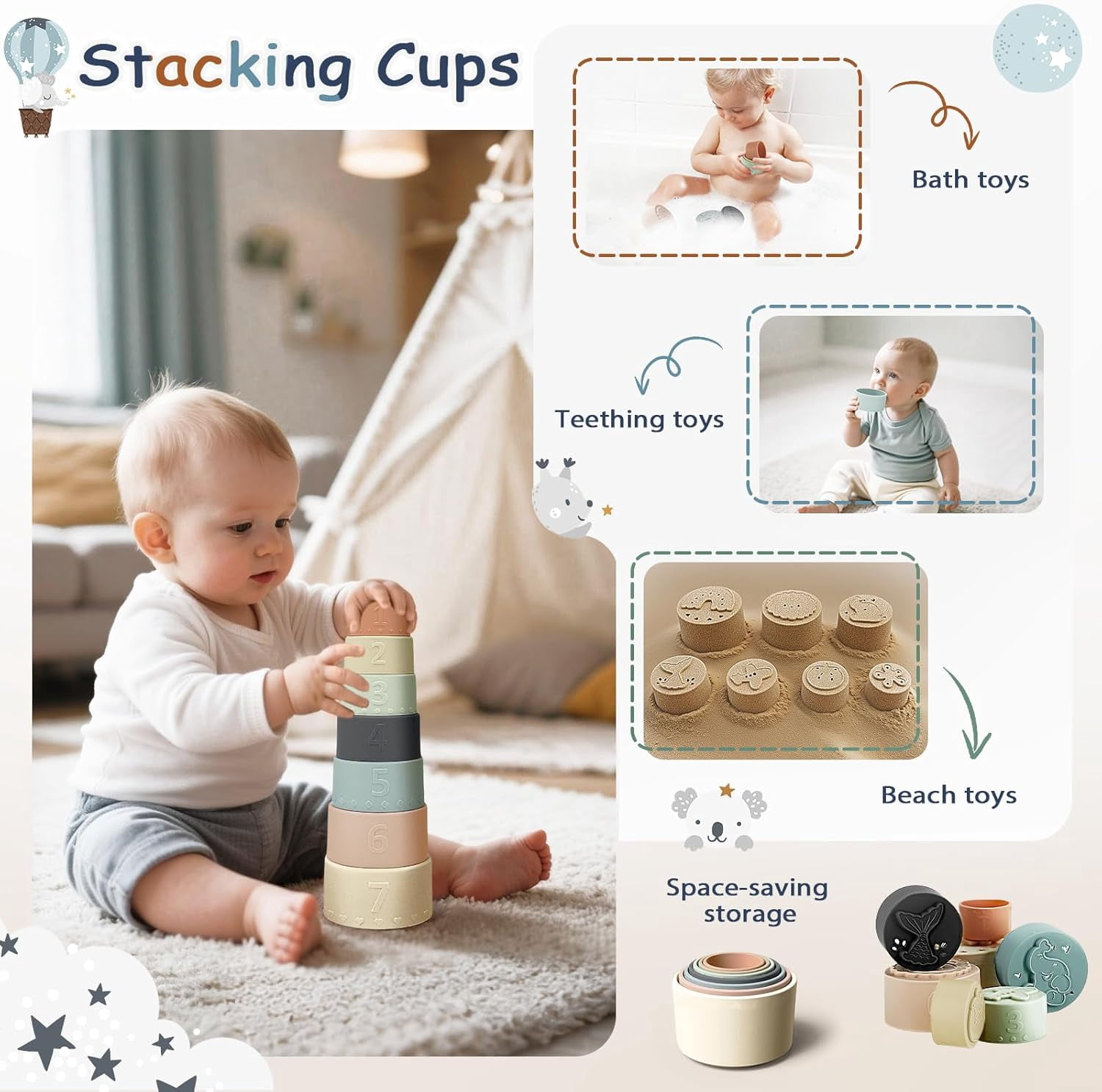 5-in-1 Montessori Baby Toy Set for 6-12 Months, Shape Sorter, Stacking Rings, Soft Blocks, Wooden Activity Toy and Xylophone, Sensory Development and Educational Gift for Infants and Toddlers