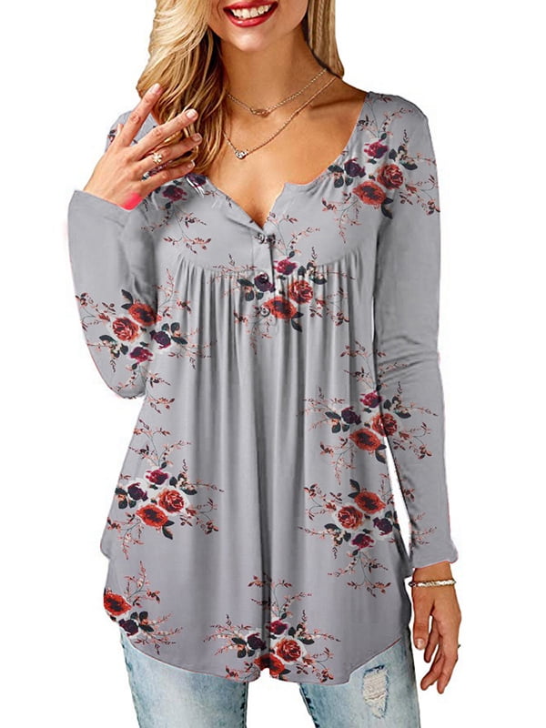 LilyLLL - LilyLLL Womens Floral Long Sleeve Ruched Buttons Tunic Tops ...