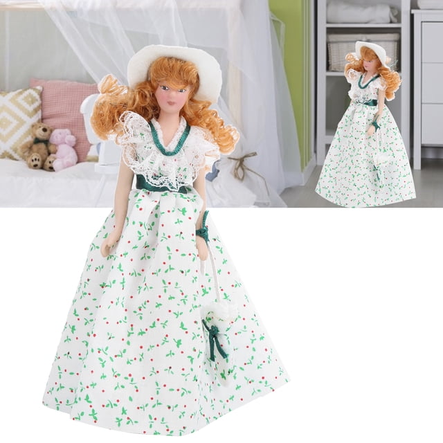 Muñeca 1:12 Muñeca De Porcelana En Miniatura Vestido Verde Mujer Señora Muñeca Elegante Accesorio De Casa De Muñecas