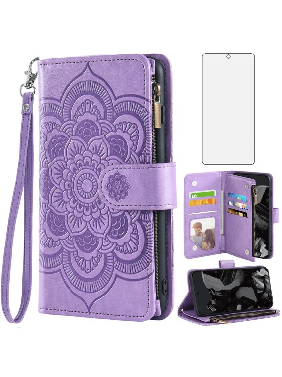 Asuwish Compatible with Google Pixel 9 Pro XL/Pixel 10 Pro XL Wallet Phone Case and Tempered Glass Screen Protector Flower Faux Leather Flip Credit Card Holder Stand Zipper Cell Cover Women Purple