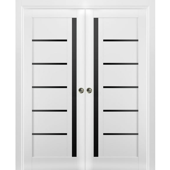 Sliding French Double Pocket Doors | Quadro 4588 White Silk with Black Glass | Kit Trims Rail Hardware | Solid Wood Interior Bedroom Sturdy Doors-36" x 84" (2* 18x84)-Black Glass