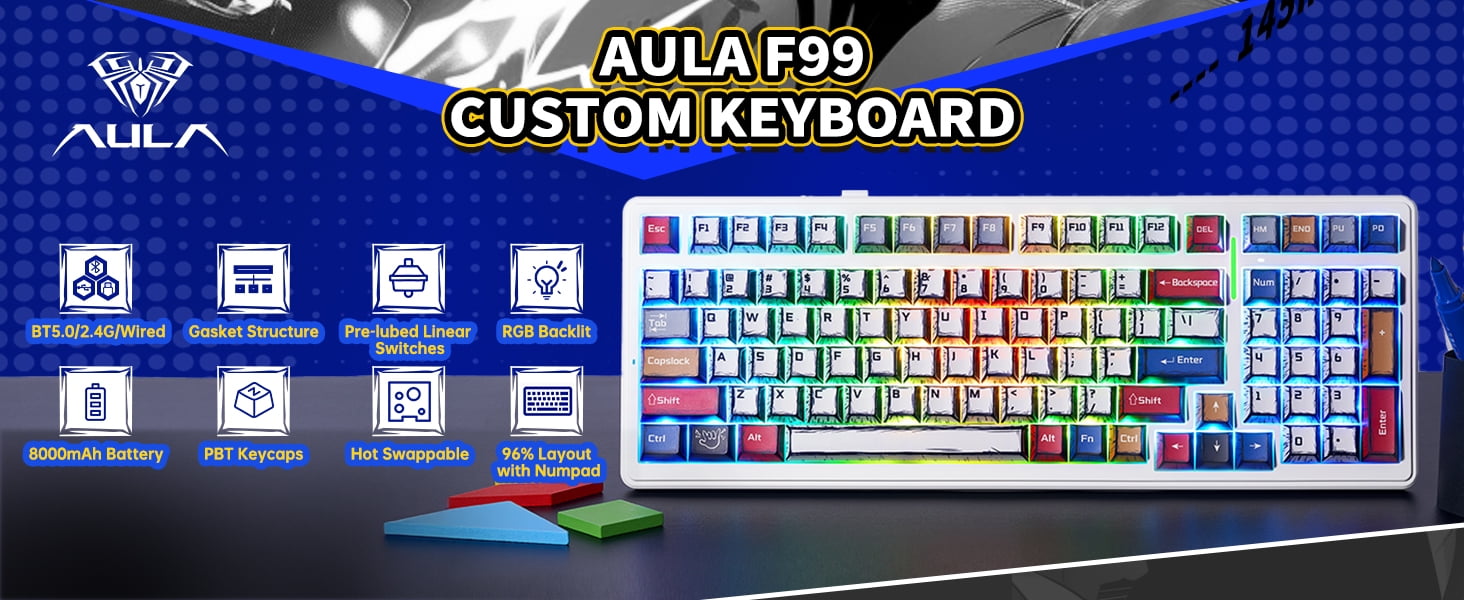 AULA F99, 99-Key, Wireless, Hot Swappable, Mechanical Gaming Keyboard, RGB, 5-Layer Padding, 8000 mAh Battery