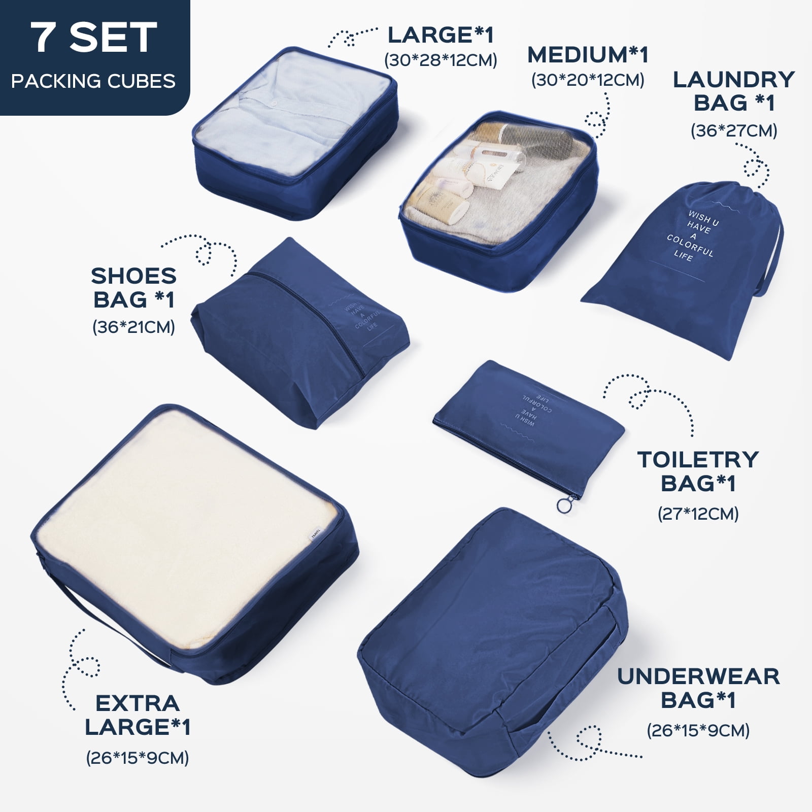 10 Piece Luggage Sets, 20 24 28 inch Lightweight Harside Suitcase with Spinner Wheels and 7PCS Packing Cubes(Navy)
