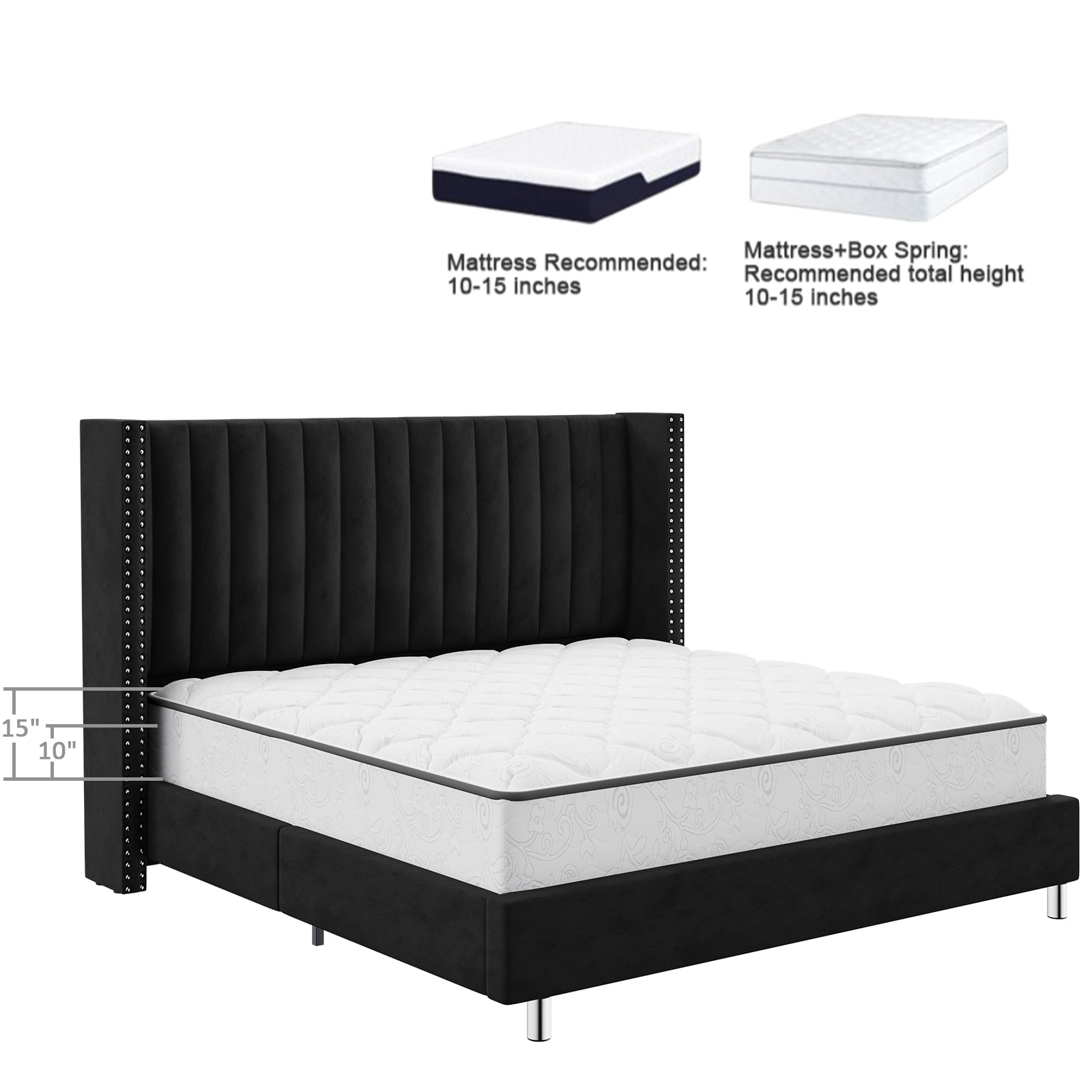 Merluxy Bed Frame King Size Upholstered Bed Wingback Headborad Velvet Channel Tufted/No Box Spring Needed/Black