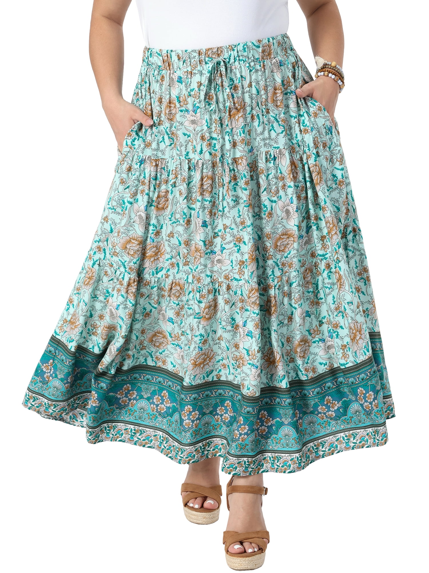 DARING DIVA Women's Plus Boho Maxi Skirt A-Line Tiered Long Skirts 2X Light Green
