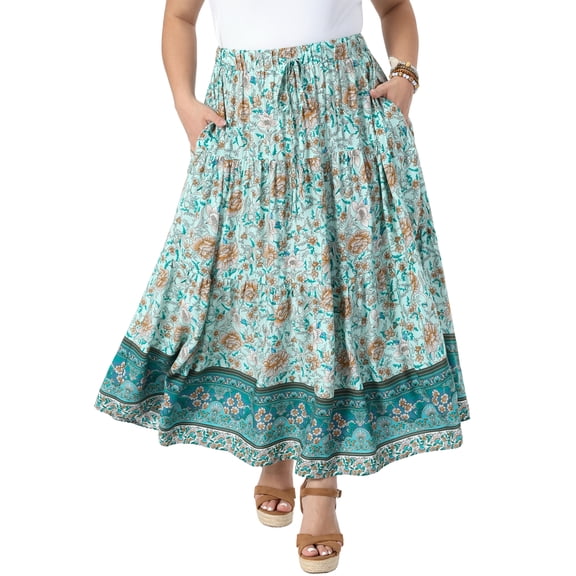 Agnes Orinda Women's Plus Size Skirts Boho Curvy Elastic High Waist A-Line Maxi Tiered Skirts with Pockets 2X Light Green