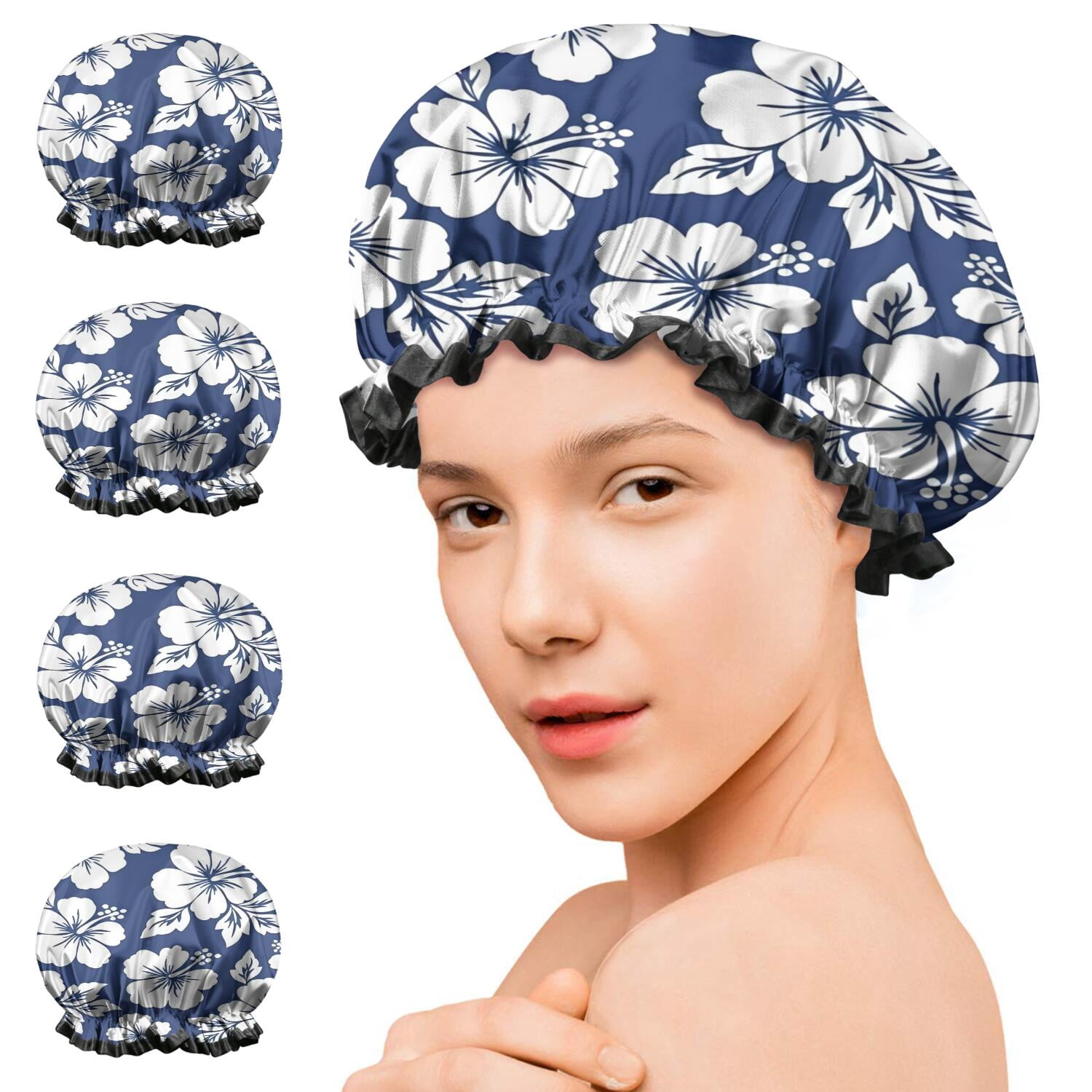 Shower Caps,Pioneer Flower Floral Print Pattern Waterproof Shower Cap for Women 4 Pieces,Double Reusable Hair Cover for Shower PEVA Elastic Stretch Hem