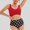 Red, variant on Hot Spring European And Women's Swimsuit Sexy Print Plus Size Bikini Backless Lace Up High Waist Two Piece Set
