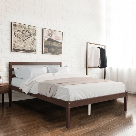 Gymax Full Wood Platform Bed Frame Headboard Slat Support Mattress Foundation