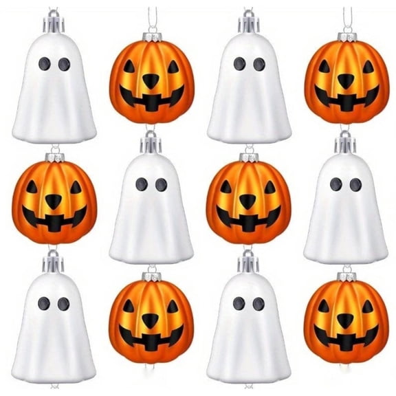 Ouuluon Set of 12 Halloween Ghost Pumpkin Ornaments, 2x3 inch Matte Electroplated Baubles for Holiday Tree Party Decor