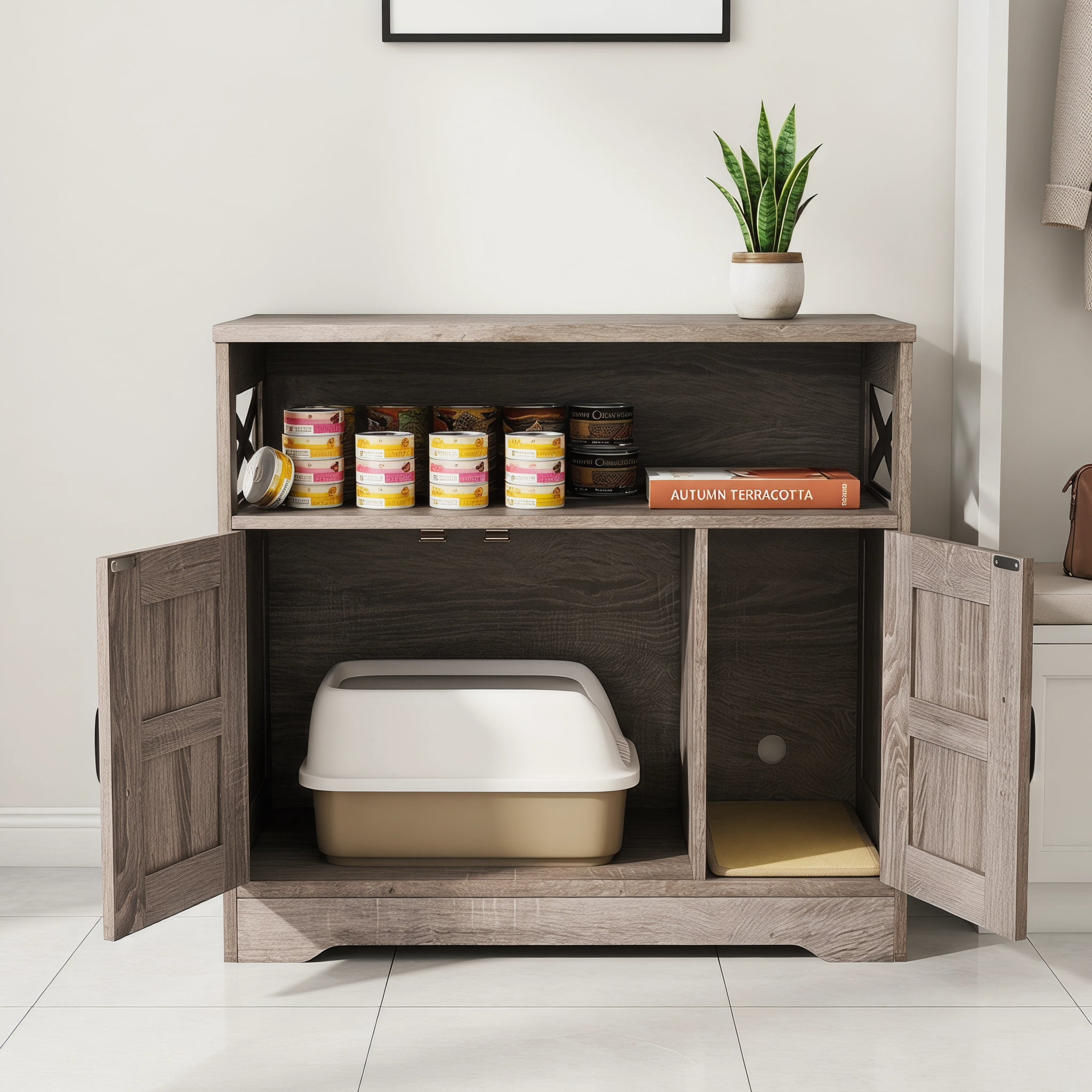 Resenkos Hidden Cat Litter Box Enclosure Furniture with Storage Cabinet, Gray