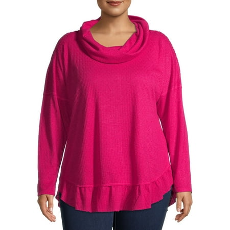 Terra & Sky Women's Plus Size Cowlneck Drop Shoulder Ribbed Top