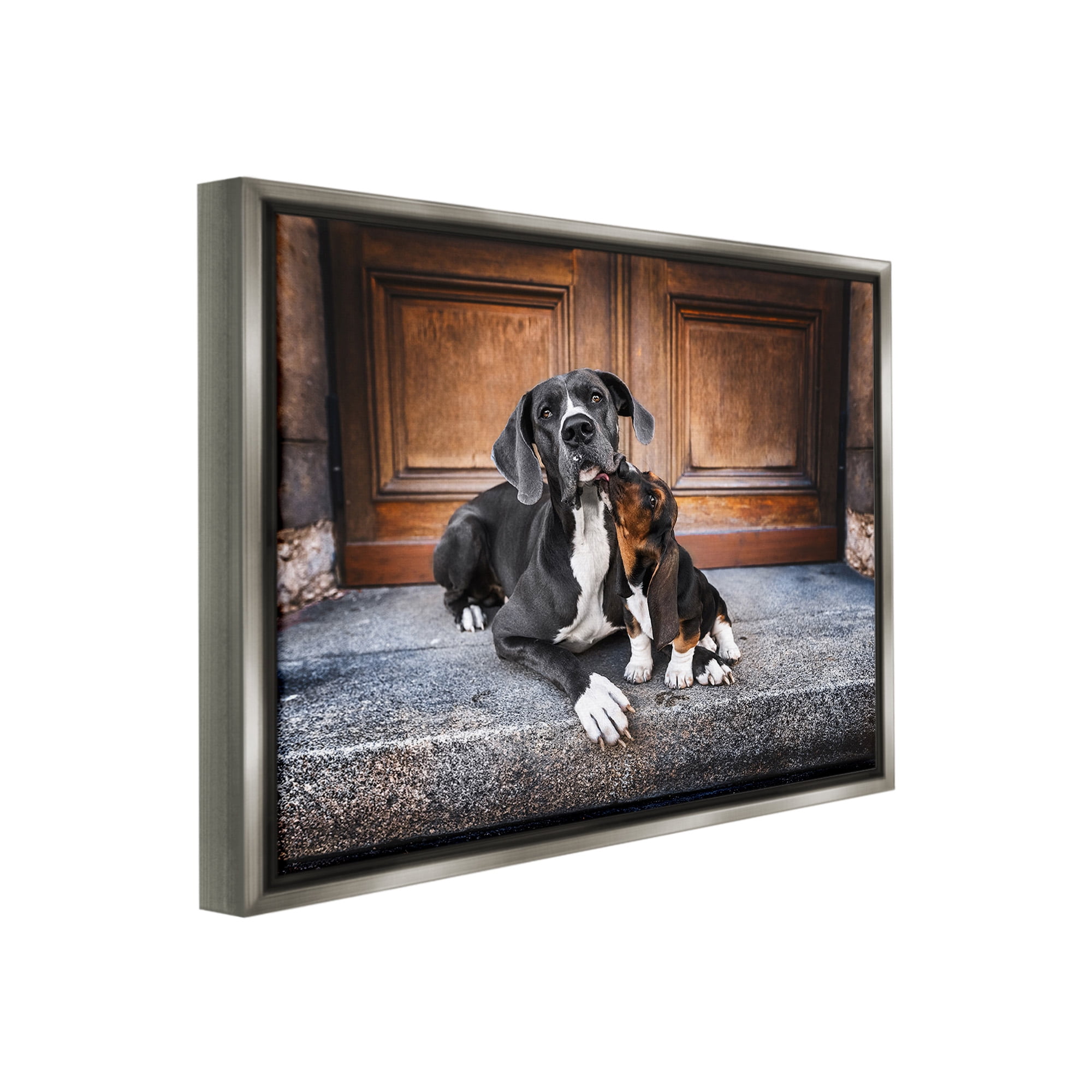 Stupell Industries Dogs on Doorstep Animals & Insects Painting Gray Floater Framed Canvas Art Print Wall Art, 21 x 17