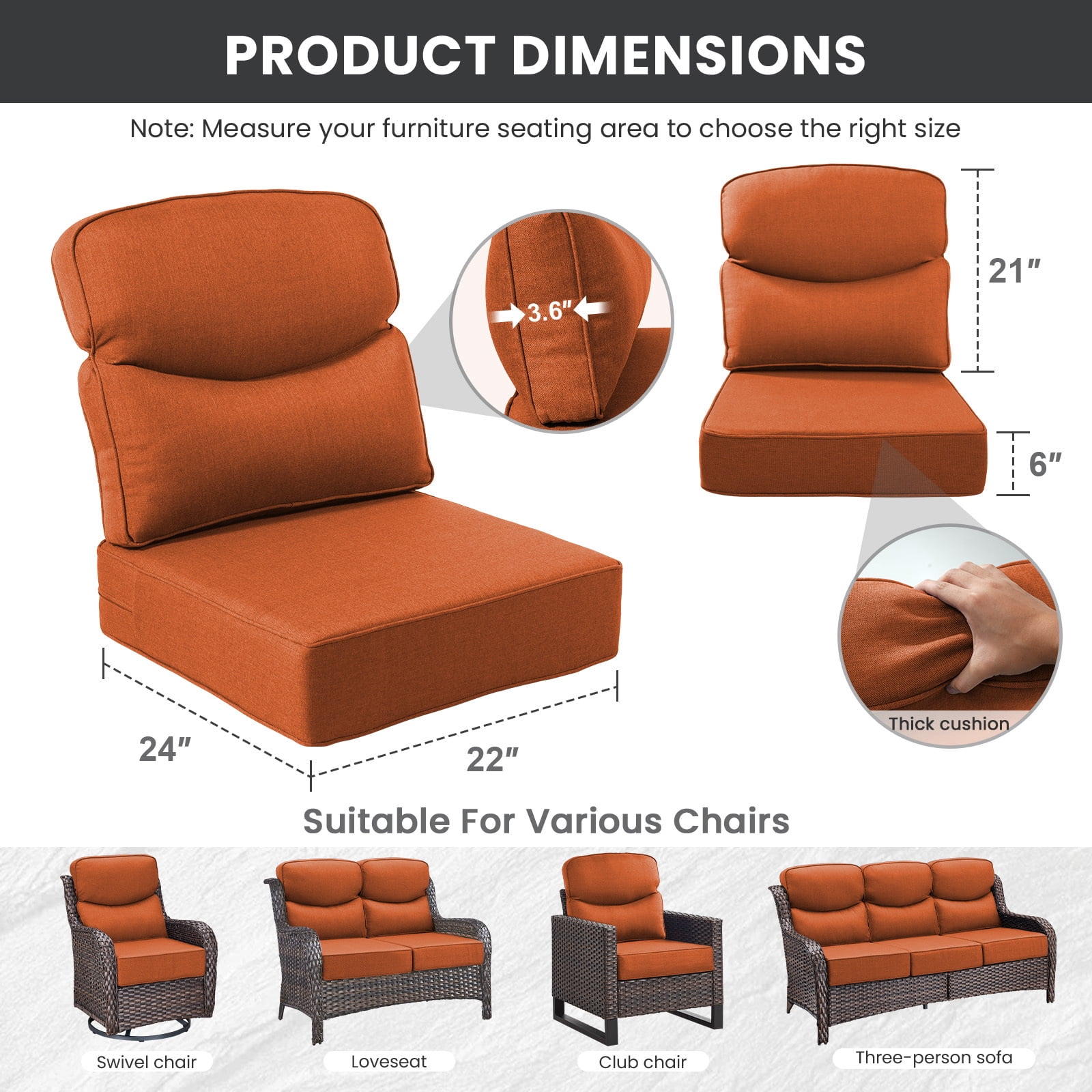 Bellefurn Outdoor Seat Cushions 22 X 24 X 6 inch for Patio Furniture,Outdoor Chair Cushions Outdoor Deep Seat Cushion with Water Resistant & Removable Cover Patio Cushions for Wicker Chair,Sofa,Couch