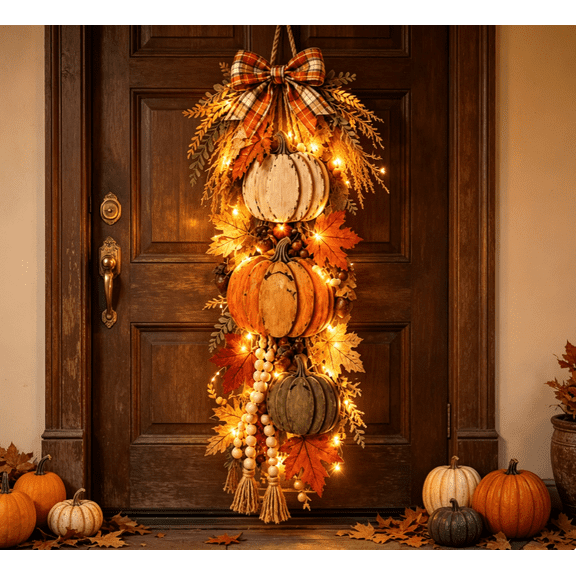 Rustic Wooden Pumpkin Door Hanging with Warm LED Lights, Ready-to-Hang Farmhouse Accent, Cozy Harvest Decor for Entryway & Living Room