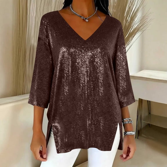 Women's Sequin V-Neck Short-Sleeve Top - Glamorous Party & Evening Wear