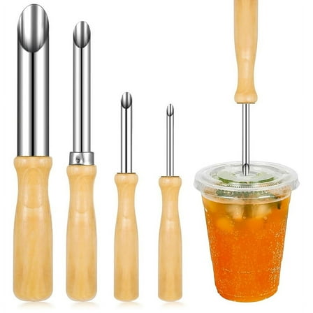 4 Sizes Straw Punch with Wooden Handle, Round Hole Making Tool for Cafe Beverage Lemonade Holder Supplies