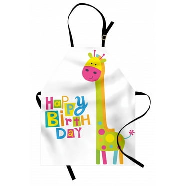 Kids Birthday Apron Children Kindergarten Style Party Green Color Giraffe with Dots Artwork Print, Unisex Kitchen Bib Apron with Adjustable Neck for Cooking Baking Gardening, Multicolor, by Ambesonne