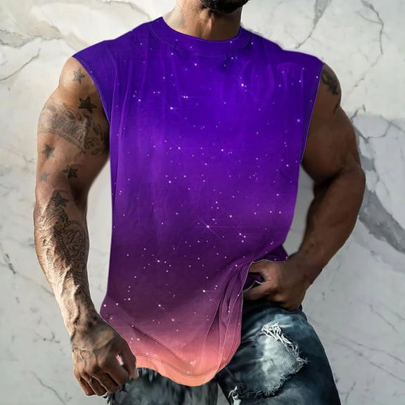 UVEASISHA Mens Sleeveless Workout T-Shirts Fashion Galaxy Graphic Tank Tops Crewneck Casual Cut Off Muscle Tanks Summer Loose Fit Gym Bodybuilding Shirt Purple XL