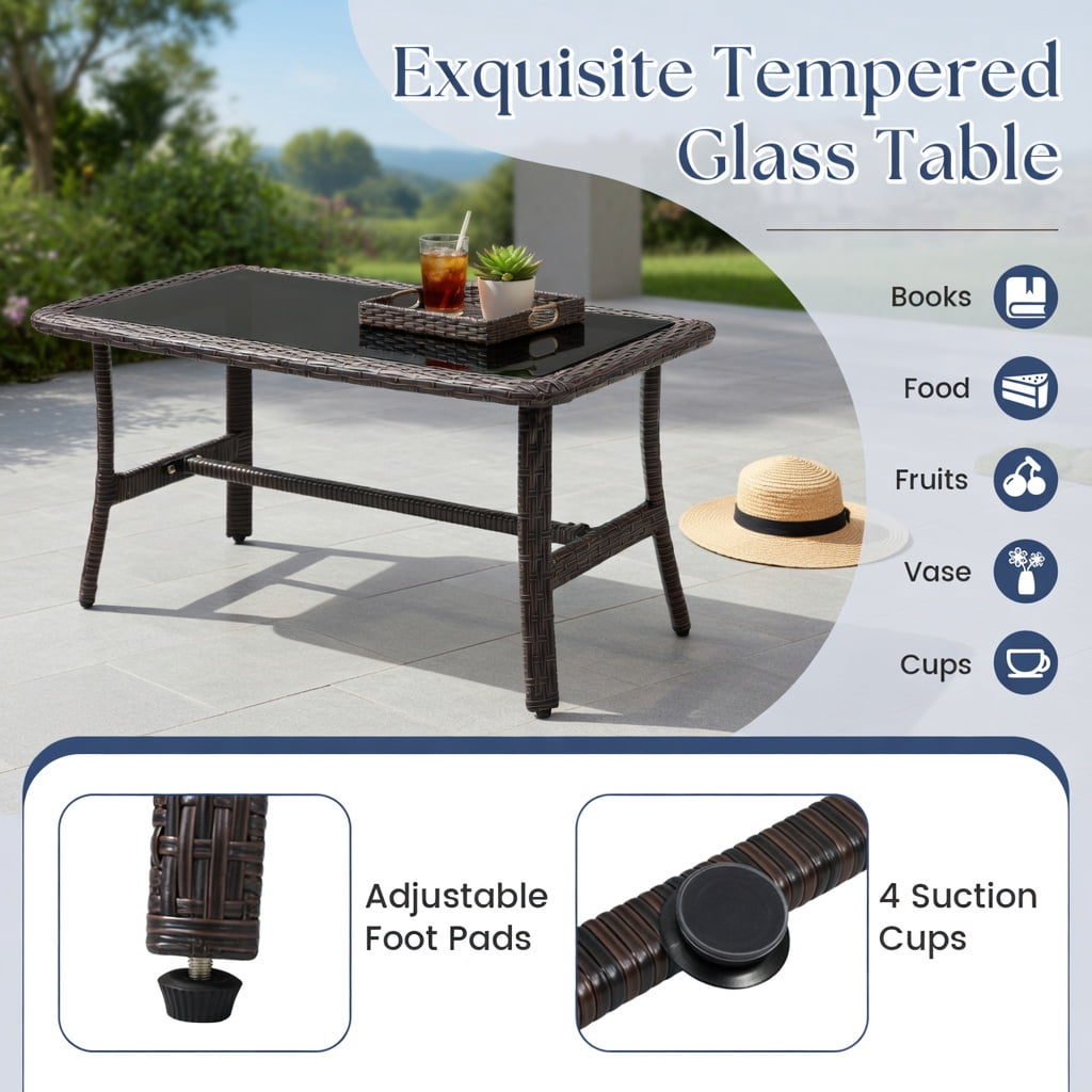 Hommoo 4-Piece Outdoor Wicker Conversation Set with Tempered Glass Coffee Table, Heavy-Duty Metal Frame, Weather-Resistant PE Rattan, Washable Cushions, Navy