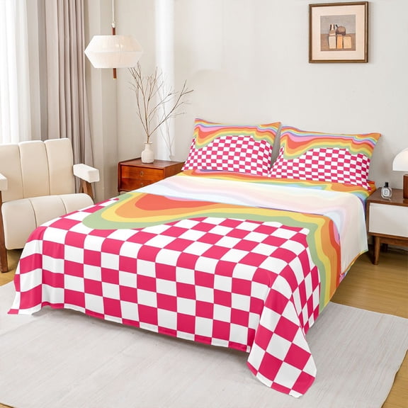 Homewish Dreamy Cartoon Rainbow Twin Sheet Sets, Red Rectangle Abstract Plaid Twin Fitted Sheet, Teens Kids Boys Girls Flat Sheet, Luxury Bedroom Decor, 3-Piece