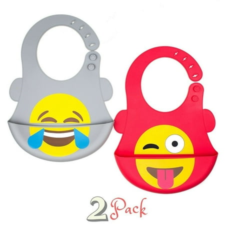 Emoji Silicone Baby Bib by FOMI | 2 Pack | Adjustable Bib with Food Catcher Pocket For Infants, Toddlers, Boys, Girls | Waterproof, Dishwasher Safe and BPA Free | Soft and (Best Bibs For Baby Food)