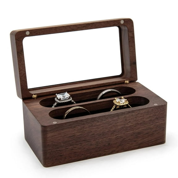 MUUJEE Quad Wooden Ring Box for Wedding Ceremony - Engraved Ring Holder Box for Engagement Proposal Anniversary and Valentines Day Gift for Him or Her (Glass Lid)