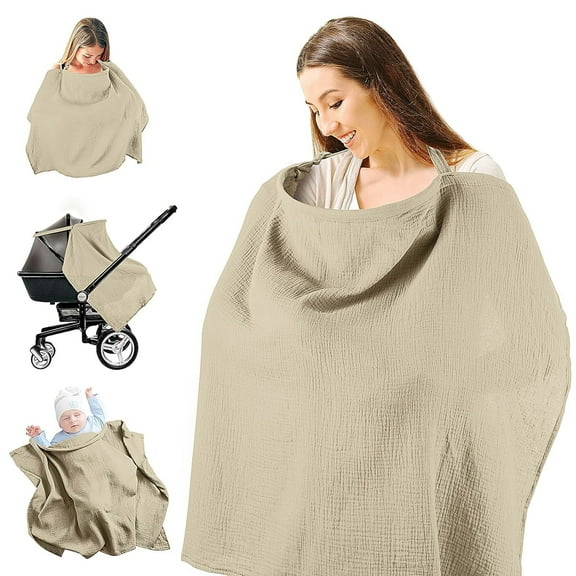 GoXteam Muslin Nursing Cover for Breastfeeding, Breathable 100% Cotton Privacy Nursing Covers with Rigid Hoop for Mother Nursing Apron, Khaki