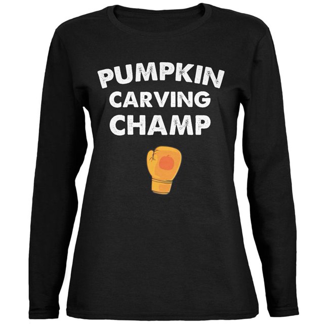 T-Shirt à Manches Longues Noir pour Femmes Halloween Citrouille Sculpture Champion