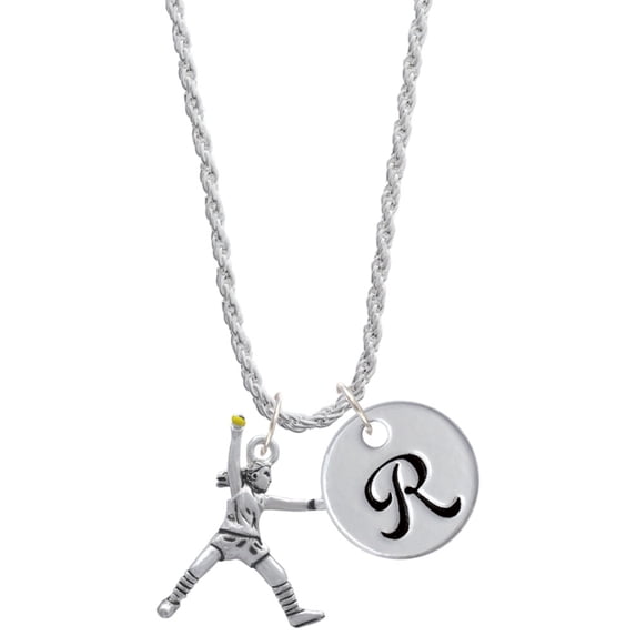 Delight Jewelry Silvertone Large Softball Pitcher Silvertone Script Initial Disc - R - Charm Necklace, 20"+3"