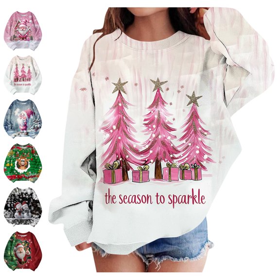WAVSUF Girls Fleece Christmas Sweatshirt Crew Neck Long Sleeve Soft Comfort Fall Winter Warm Party Pullover 5