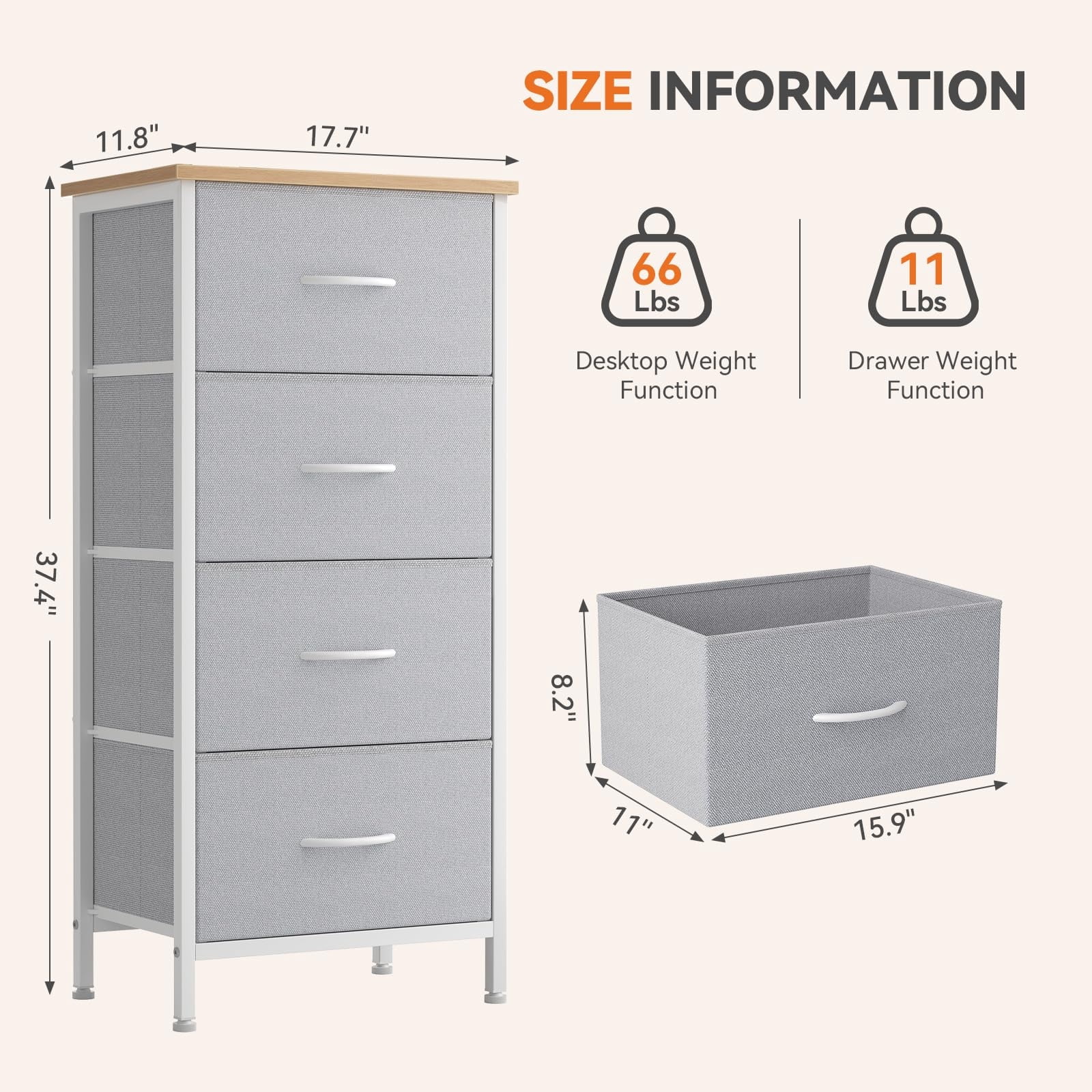 Telyra 4-Drawer Fabric Dresser 37.4" Tall Storage Tower with Wood Top and Steel Frame Narrow Organizer, Light Gray