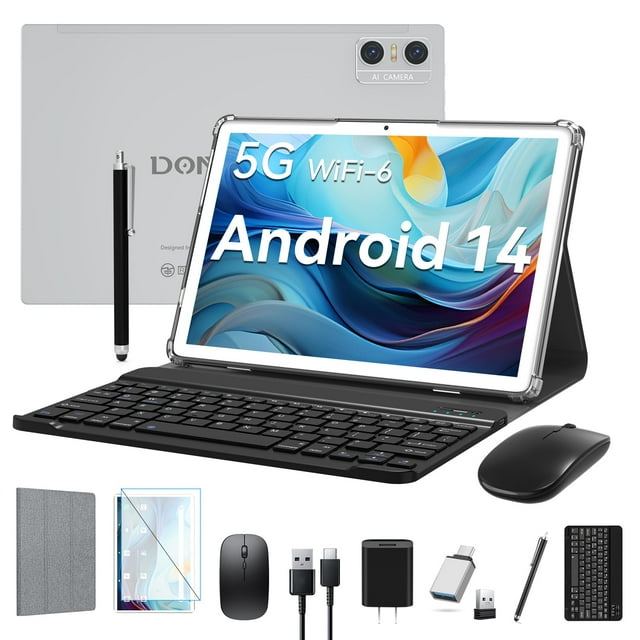 Android 14 Tablet 2024 Newest Tablets, 10 inch Tablet (4+4)GB RAM 64GB ROM 1TB Expand, 2 in 1 Tablet with Keyboard, Case, Stylus, Octa-Core Tablet PC, WiFi 6, Bluetooth,13MP+5MP Dual Camera (Silver)