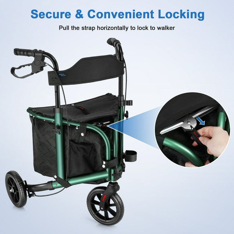 WalkMate 3 Wheel Rollator Walker for Slim Seniors 8 Wheels Lightweight Foldable Rollator Walker Height Adjustable Handles and Large Storage Bag